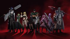 some anime characters are standing in front of a red background with the caption, akame ga kill