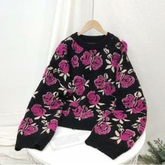 #ad Premium Quality Womens Chic Rose Jacquard Pullover Loose Knitted Sweater Cardigan Top Knitted, Fashion Women's Sweaters Winter Black Sweater With Floral Print, Black Floral Print Sweater For Winter, Winter Floral Print Knit Cardigan, Pink Knit Sweater With Floral Print, Pullover Cardigan, Chic Sweaters, Cardigan Top, Loose Sweater, Knitted Pullover Sweaters