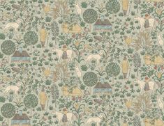 a wallpaper pattern with horses and plants on the side, in shades of green