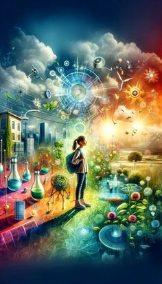 a painting of a person standing in front of a landscape with science and technology objects