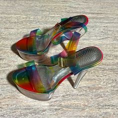 Size 7. No Box. 6-Inch Heels. Brand New. Only Walked With At The Store And Never Worn After Platform Jelly Sandals With Open Heel For Party, Rainbow Platform Heels With Round Toe, Multicolor Platform Heels With Closed Toe, Rainbow Round Toe Platform Heels, Multicolor Closed Toe Platform Heels, Rainbow Open Toe Platform Heels, Rainbow Heels With Round Toe For Summer, Pink Ankle Strap Jelly Sandals For Party, Pink Jelly Sandals With Ankle Strap For Party