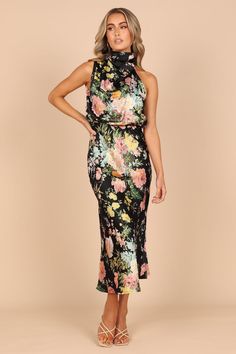 Anabelle Halter Neck Midi Dress - Black Floral Chic Floral Print Midi Dress For Party, Dressy Floral Print Midi Dress For Party, Evening Floral Print Midi Dress, High Neck Maxi Dress For Summer Cocktail, High Neck Cocktail Maxi Dress For Summer, Floral Print Midi Dress For Parties, Spring High Neck Ruched Midi Dress, High Neck Midi Dress For Summer Cocktail, Spring High Neck Maxi Dress For Date Night