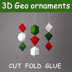 an image of 3d origami mobiles hanging from strings with text that reads cut fold glue