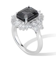 Start a conversation with this show stopping Art Deco inspired ring. A show stopping 4.22 ct black Spinel is the centerpiece of this creation, surrounded by a combination of 1.6 ct VS quality round, pear, and tapered baguette shaped diamonds. Inspired by the Art Deco period, we have created both contrast and symmetry with the depth of black hue from the Spinel and the contrast of the scintillating symmetrical diamonds that surround it. A collector piece sure to be an heirloom for many generation Black Baguette Cut Ring For Formal Occasions, Formal Black Baguette Cut Rings, Elegant Black Baguette Cut Ring, Formal Black Spinel Ring In Fine Jewelry Style, Luxury Black Sapphire Ring With Center Stone, Formal Fine Jewelry Black Spinel Ring, Black Spinel Rings For Formal Occasions, Elegant Black Cluster Ring For Formal Occasions, Elegant Black Cluster Ring For Formal Events