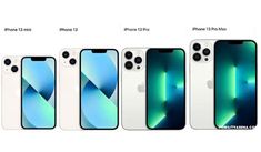 four iphones with different colors and sizes, all showing the same camera lens size