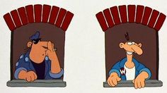 two cartoon characters looking out the window at each other, one in blue and one in red