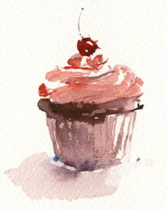 a watercolor painting of a cupcake with frosting and a cherry on top