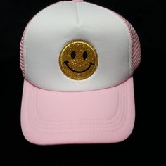 Sparkly Smiley Face Emoji Pink & White Trucker Hat With Snap Back. Never Worn. Very Clean Cute Hat. Playful White Trucker Hat For Spring, Playful White Baseball Cap For Spring, White Snapback Mini Hats For Spring, Cute White Snapback Hat With Curved Brim, White Novelty Snapback Hat With Curved Brim, Cute White Adjustable Snapback Hat, Cute Adjustable White Snapback Hat, White Casual Mini Cap, Adjustable Smiley Face Hat For Spring