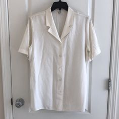 Nwot Has Been In Storage For A While And Has Gotten A Single Yellow Spot, Which I Have Pointed Out Size 40 Eu = Size 12 Us White V-neck T-shirt With Button Closure, White Short Sleeve T-shirt With Buttons, Classic Cream Top With Camp Collar, White Short Sleeve Tops With Buttons, White T-shirt With Buttons Relaxed Fit, White Short Sleeve Camp Shirt With Buttons, White Relaxed Fit T-shirt With Buttons, Cream Short Sleeve Shirt With Button Closure, White Tops With Placket And Camp Collar