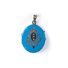 Has chips in the surface of the enamel, see photos. Weighs 9g Unmarked but tests at 14K Size 25mm x 30mm without bail Blue Jewelry With Black Enamel For Formal Occasions, Blue Engraved Enamel Jewelry, Blue Enamel Engraved Jewelry, Blue Medallion Jewelry With Polished Finish, Antique Blue Engraved Jewelry, Antique Engraved Blue Jewelry, Oval Enamel Inlay Jewelry, Oval Turquoise Enamel Jewelry, Antique Medallion Metal Locket Necklace