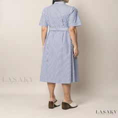 Lasaky - Cotton Striped Maxi Dress with Long Belted Shirt Collar and Short Sleeves Casual Cotton Midi Dress For Office, Casual Cotton Office Dress, Tie Waist Shirt, Basic Skirt, Striped Maxi, Skirt Skirt, Striped Maxi Dresses, Polo Collar, Types Of Skirts