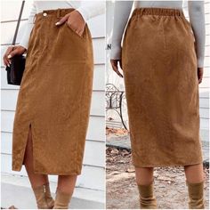 Camel Corduroy Split Hem Pockets Midi Skirt S M L Xl, 100% Polyester, Ships In 7-8 Days Fall Beige Skirt With Pockets, Casual Corduroy Skirt For Fall, Casual Corduroy Skirt For Winter, Fall Corduroy Skirt With Pockets, Casual Corduroy Skirt, Casual Corduroy Skirt With Pockets, Courdory Midi Skirt, Brown Pencil Skirt With Pockets, High Waist Corduroy Skirt With Pockets