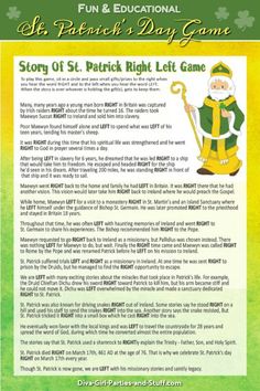 the story of st patrick's right left game is shown in green and yellow