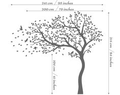 a tree with leaves and birds on it is shown in the size chart for this wall dec