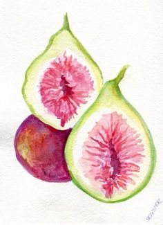 a watercolor painting of two figs with one cut in half and the other whole