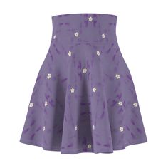 "Small white daisy lavender and purple, women's Skater Skirt. AOP This classic vintage style skater skirt has a cute flared cut that provides a versatile fit for all sizes. An above knee-length that features a more flared A-line shape. This silhouette has a narrowing effect of the waist and creates beautiful look when going about your day. Skater skirts have a playful element that adds flair to any look.   With a cozy, soft touch and casual look it will instantly become your everyday favorite fo Summer Purple Flared Skirt Bottoms, Purple Flared Skirt For Summer, Purple Flared Mini Skirt For Summer, Spring Purple Flared Mini Skirt, Purple Full Skirt Bottoms For Spring, Summer Full Skirt In Purple, Purple Relaxed Mini Skirt For Summer, Summer Purple Relaxed Mini Skirt, Relaxed Purple Mini Skirt For Summer