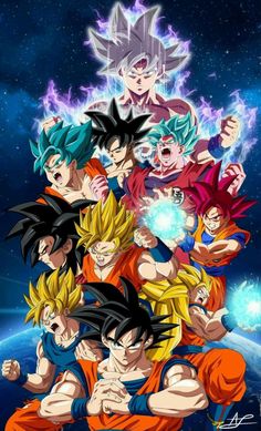 the characters from dragon ball are posing together in front of an image of earth and stars