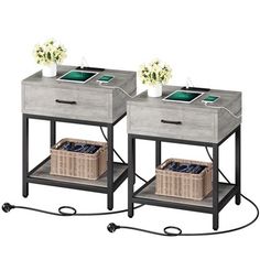 two tables with baskets on each side