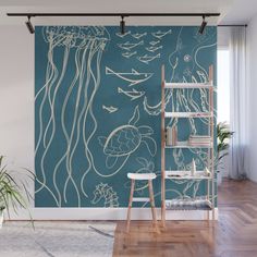 an ocean scene with jelly fish and seaweed wall mural