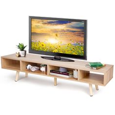 a flat screen tv sitting on top of a wooden stand