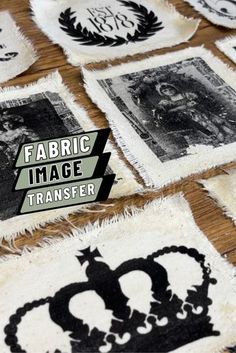 some black and white pictures on a wooden table with the words fabric image transferer