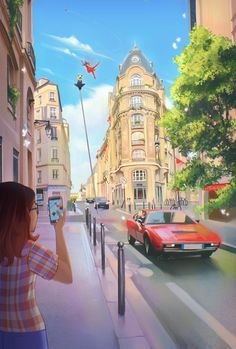 a woman taking a photo of a red car on the street with her cell phone