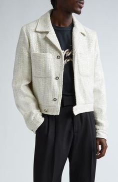 From Amiri's spring '24 runway show comes this texture-rich shirt-jacket cut from a wool-enriched bouclé fabrication bathed in shimmering sequins. 22 1/2" length (size 50 EU) Front button closure Notched collar Button cuffs Chest patch pockets Lined 90% polyester, 10% wool Dry clean Made in Italy Designer Clothing Luxury Tweed Outerwear For Spring, Luxury Long Sleeve Tweed Jacket For Spring, Luxury Wool Tweed Jacket For Spring, Luxury Tweed Jacket With Lapel Collar For Spring, Luxury Spring Tweed Jacket With Lapel Collar, Luxury Spring Tweed Jacket With Button Closure, Amiri Jacket, Amiri Denim Jacket Men, Amiri Spring 2023 Menswear