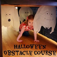 Halloween Obstacle Course for Kids: Ghosts under the table, pumpkin patch obstacles, spiderweb hurdles Halloween Obstacle Course, Haunted House For Kids, Obstacle Course For Kids, Haunted House Diy, Kids Obstacle Course, Dulces Halloween, Haunted House Ideas, Thema Halloween, Kids Halloween Party