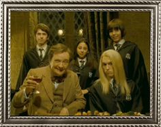 an old man holding a wine glass in front of his family and friends wearing harry potter outfits