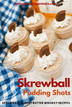 there are several small desserts with whipped cream on top and chocolate in the middle