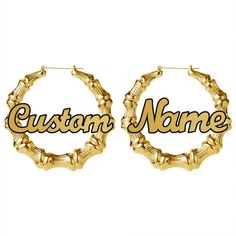 Bamboo Cursive Name Earrings are stylish custom made high quality stainless jewelry for women. There is not much for us to say to you about these appealingly beautiful name earrings. Our product images describe a lot about their authentic style. However, we all know that the quality of personalized jewelry is as important as the elegance of its design. As you may already know the personalized jewelry industry is a huge one. There is an endless number of beautiful designs for you to choose from u Elegant Custom Name Hoop Earrings, Trendy Personalized Metal Hoop Earrings, Personalized Gold Metal Hoop Earrings, Personalized Gold Hoop Earrings, Elegant Customizable Gold Hoop Earrings, Custom Name Hoop Earrings As Gift, Personalized Trendy Round Hoop Earrings, Trendy Personalized Round Hoop Earrings, Customized Small Hoop Gold Jewelry