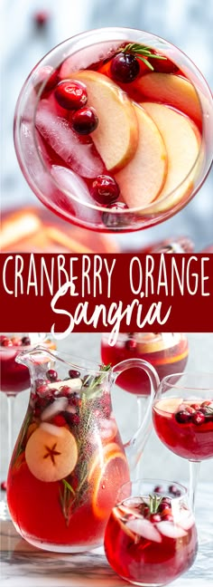 cranberry orange sanggraa with apples and cherries in pitchers on the side