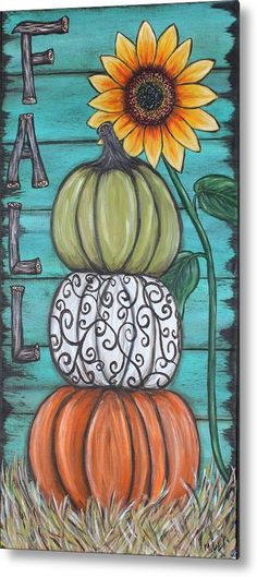 an acrylic painting of pumpkins and a sunflower with the word fall painted on it