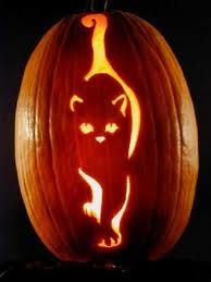 a carved pumpkin with an image of a cat on it's face and tail