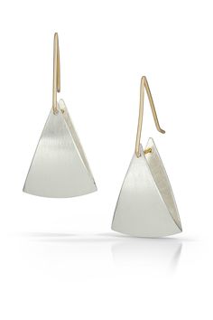 Gold & Silver Earrings - Sculptural and dimensional fan forms are hand fabricated in sterling silver. <br><br>14k gold ear wires.<br><br>Available in size small (1l, 0.33w) or large (1.25l, 0.75w). Sterling Silver Earrings With French Hook In Yellow Gold, Contemporary Sterling Silver Earrings For Anniversary, Modern Silver Earrings With French Hook, Yellow Gold Sterling Silver Earrings With French Hook, Sterling Silver French Hook Earrings In Yellow Gold, Contemporary Sterling Silver Earrings In Yellow Gold, Sterling Silver Yellow Gold French Hook Earrings, Contemporary Sterling Silver Yellow Gold Earrings, Contemporary Yellow Gold Sterling Silver Earrings