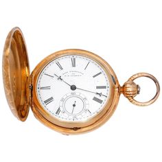 F. H. Clark & Co. 18K Yellow Gold Pocket Watch - Key winding. 18K Yellow Gold Hunting case (56mm) with geometrical engraving.. White enamel dial with Roman numerals; Sub seconds at 6:00 o' clock. Pre-owned with box. The front of the Hunting case has the initials and 1876 inscription on it. The inside case has J. T. La Prade Memphis, Tenn.This watch is not keeping time and will need to be serviced. Engraved Watches, White Watches, Colorful Watches, Gold Pocket Watch, White Dial Watch, Gold Watches, F H, Watch Engraving, Big Watches