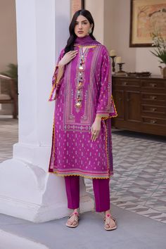 Printed Purple Lawn Suit With Long Sleeves, Traditional Purple Printed Lawn Suit, Purple Printed Long Sleeve Lawn Suit, Long Sleeve Printed Purple Lawn Suit, Festive Purple Lawn Suit With Digital Print, Pink Cotton Sets With Printed Border, Purple Long Sleeve Sets With Digital Print, Festive Pink Kurta With Printed Border, Purple Cotton Lawn Suit With Printed Motifs