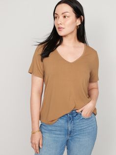 Our Luxe T-shirts are softer than the rest, with a draped, flawless fit ?? Rib-knit crew neck.  Short sleeves.  Straight hem.  Rayon, with comfortable stretch.  @modelsizes 5’9":S | 5'7":L | 5'10":XL @modelsizes BodEquality means size equal Casual Everyday V-neck Top With Short Sleeves, Comfortable Cotton V-neck Tops, Casual V-neck Top With Relaxed Fit, Trendy Everyday V-neck T-shirt, Casual Cotton V-neck Top, Casual Everyday Cotton V-neck Top, V-neck Short Sleeve Top For Summer, Everyday V-neck Short Sleeve Top For Summer, Trendy V-neck Short Sleeve Top For Everyday