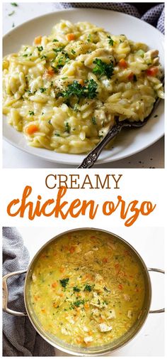 creamy chicken orzo soup in a white bowl