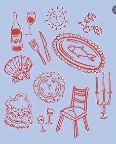 a blue background with red drawings of food and drinks on it, such as wine