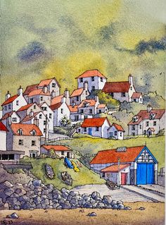 watercolor painting of houses on the hillside