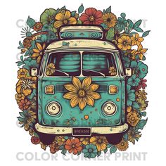 an old van with flowers and leaves on the front is shown in this colorful illustration