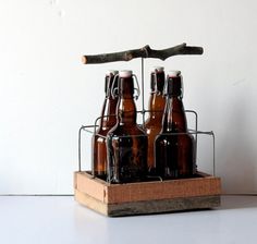 six beer bottles in a wooden holder with a branch