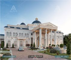 a large white building with columns and arches on the front, surrounded by greenery