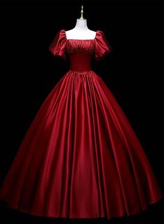 Wine Red Satin Beaded Ball Gown Sweet 16 Dress, Wine Red Evening Formal Dress Ball Gown Sweet 16, Beaded Ball Gown, Prom Dress Burgundy, Sweet 16 Dress, A Line Prom Dress, Evening Party Gowns, Burgundy Prom Dress, Formal Evening Dress, Rich Burgundy