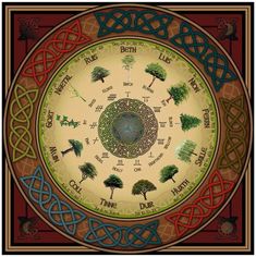 an image of a circle with trees and celtic writing on the center, surrounded by other symbols