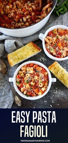 two bowls filled with pasta and bread on top of a table