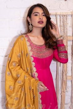 Shop for Vasavi Shah Pink Bamberg Silk Dori Embroidered Anarkali With Dupatta for Women Online at Aza Fashions Full Sleeve Anarkali, Anarkali With Dupatta, Dori Work, Embroidered Anarkali, Full Sleeves, Scalloped Hem, Embroidered Silk, Anarkali, Aza Fashion