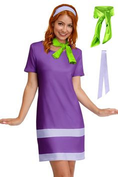 a woman wearing a purple dress and green headband with her hands in the air