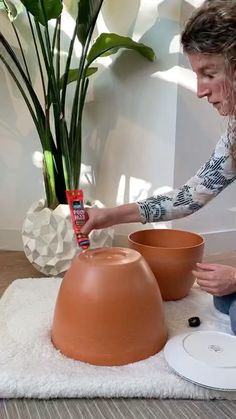 a woman sitting on the floor next to two bowls and a plant in a vase